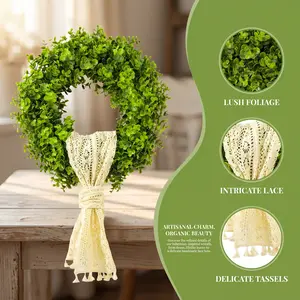 20in Nature Lace Decorative Artificial Eucalyptus Wreath, Hollow Woven Boho Table Runner, French Country Farmhouse All-Season Front Door Decoration