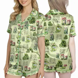 Pickle Pajama Set for Women – Silky Satin Sleepwear, Funny Pickle Print PJs, Soft Summer Loungewear,  Homewear, valentime Gift, Loungewear, Ideal Gift for Mom, Gift for her Q