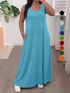 Plus Size Women's Casual Summer Home Dress, 10 Color Options, Round Neck Sleeveless Shoulder Cut Out, Pocketed Long Skirt, Slimming Fit