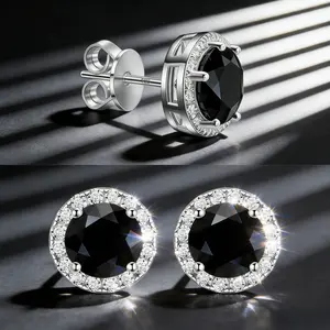 Sterling Silver 1ct Black Diamond Cut CZ thick Stud Earrings | White Zircon Halo | 8mm Gender-Neutral Jewelry | Tarnish & Fade Resistant