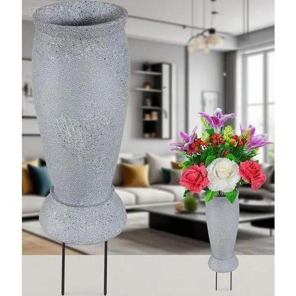 Memorial Flower Holder with Ground Spikes, Angel-Themed Vase for Fresh and Artificial Blooms, Cemetery Headstone Decor, Durable Grave Marker Accessory, Rust-Proof Metal Design, Easy Installation for Outdoor Use (1 Piece)