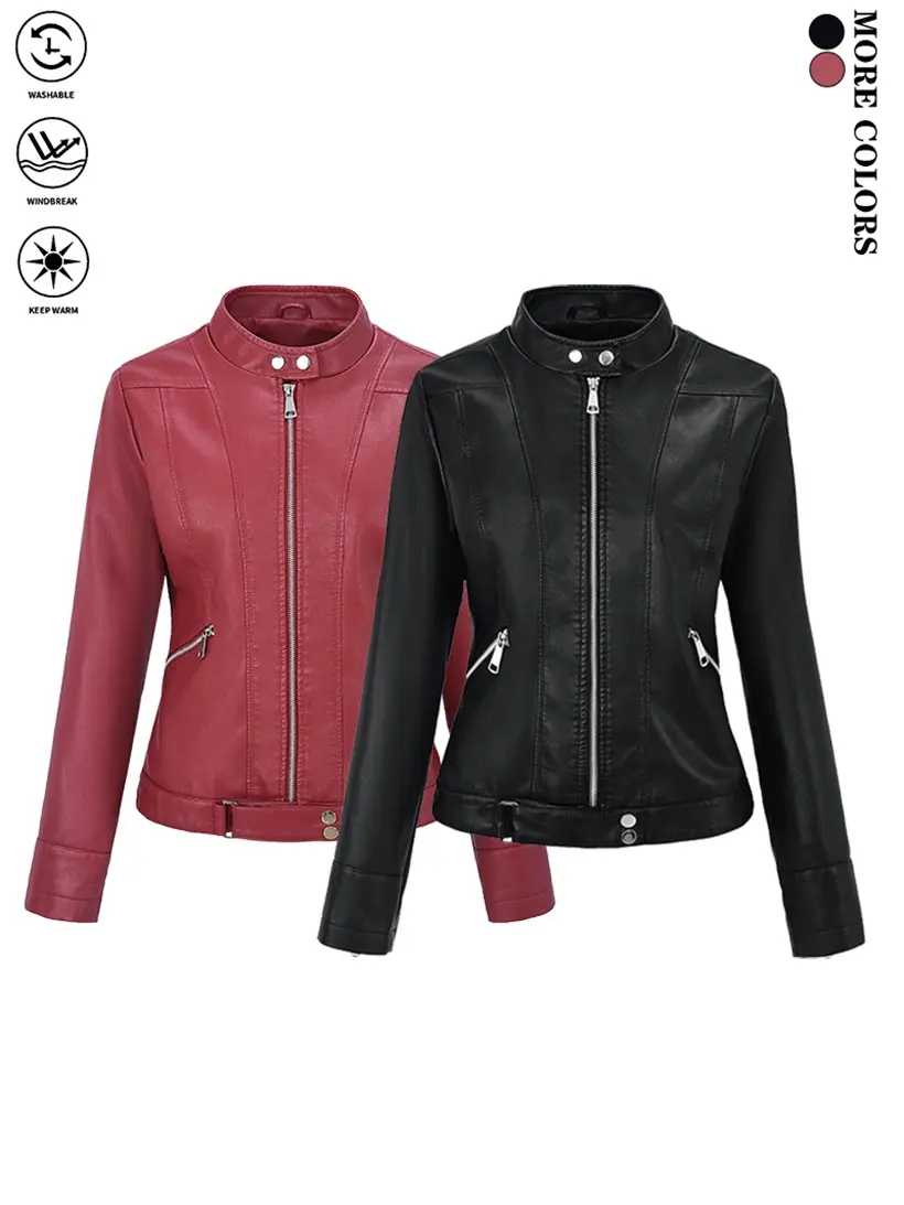 Clean Gent Elegant women’s leather jacket — biker-style top made of leather, suitable for spring and autumn wear, featuring a turn-down collar; ideal for outdoor streetwear and everyday outfits—an essential piece for fashion buyers (new fall arrivals).