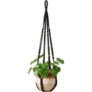 Macrame Plant Hanger Indoor Hanging Planter Basket with Wood Beads Decorative Flower Pot Holder No Tassels for Indoor Outdoor Boho Home Decor 35 Inch, Black, Set of 1 (POTS NOT Included)