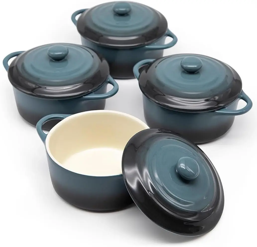 Rustic Ceramic Mini Cocotte Set - 4-Piece 12 oz Stone Ombre Fruit Bakeware, Small Stoneware Casserole Dishes with Handles, Individual Ramekin Bowls, Oven/Microwave/Dishwasher Safe