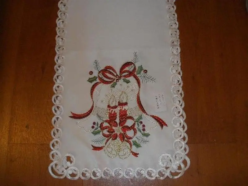 MH09123-1454 Rectangular Embroidered Cutwork Edge Christmas Table Runner, 14x54 in Polyester Kitchen Linen Table Decor