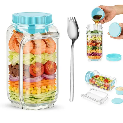 Salad Pod Mason Jar Canister with Side Opening, Built-in 2.5oz Leak-Proof Dressing Container, Upgraded Portable Reusable Meal Prep Jar, Microwave-Dishwasher-Freezer Safe, Desk & Picnic Grab-and-Go Bowl