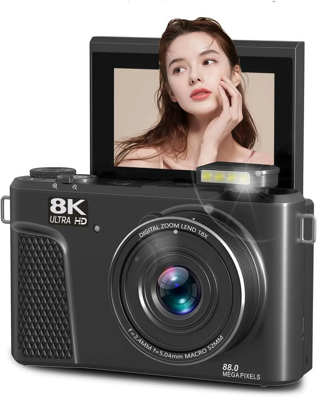 8K Digital Camera, Auto Focus 88MP Cameras for Photography, 18x Zoom WiFi Vlogging Camera, 3 inch Flip Screen, with Webcam Mode, Filter, Multiple Filters LED Fill Light (Black) Wireless Memory Lens Charging