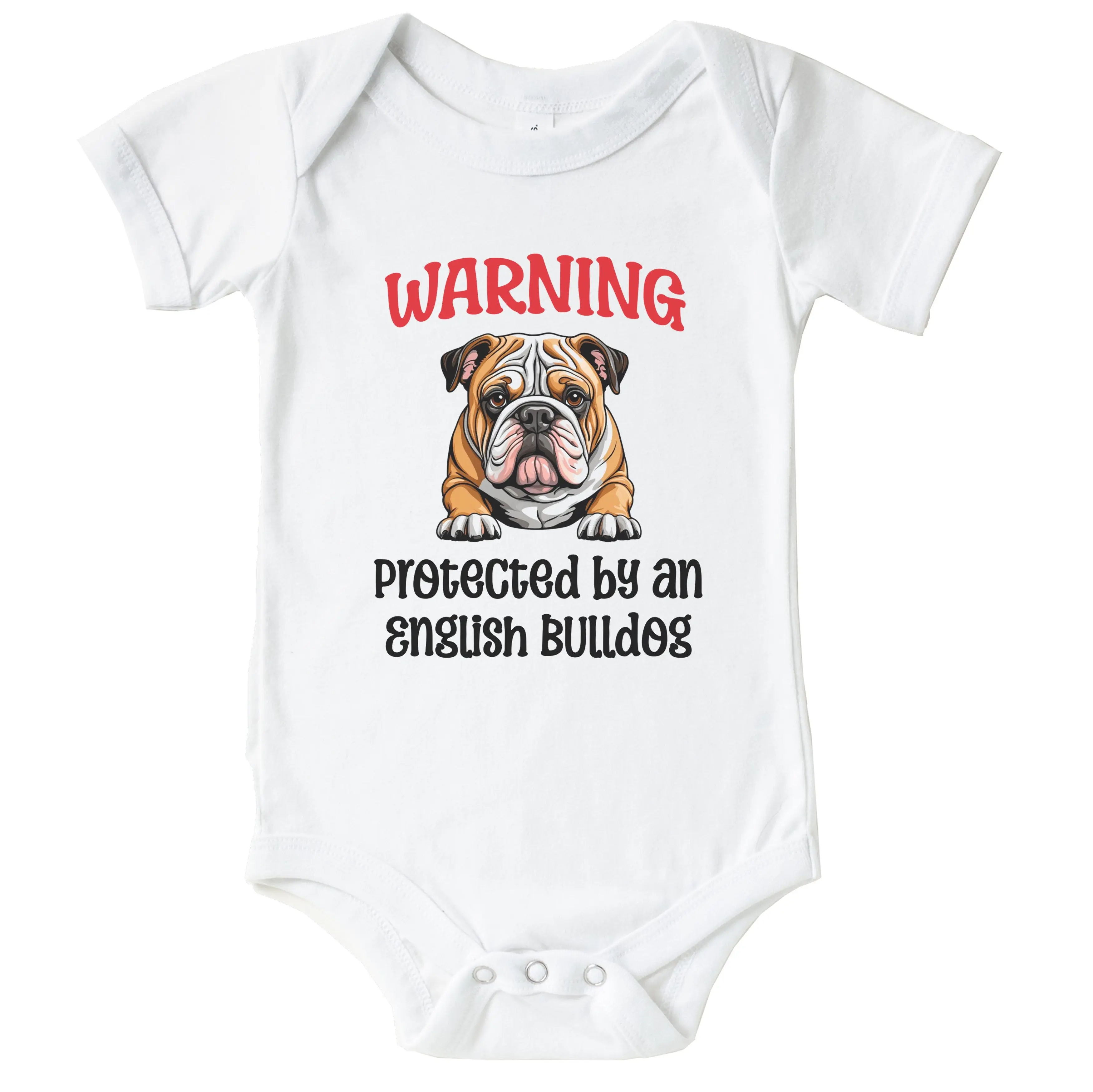 Warning Protected By An English Bulldog Funny Dog Breed Baby Bodysuit