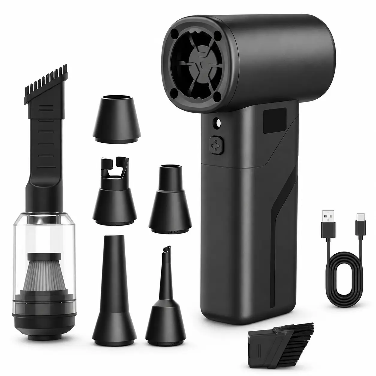 Handheld Compact 2-in-1 Cordless Air Duster-Vacuum, 150000 RPM Rechargeable Electric Blower with Digital Display, LED Light, 2×2000mAh Batteries, Multi-Nozzle Kit for Car, Keyboard, PC Cleaning