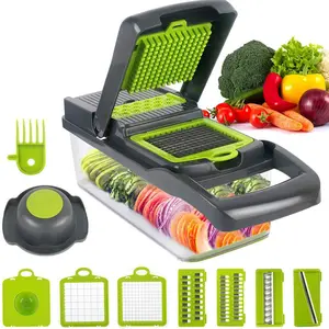 16-in-1 Multifunctional Stainless Steel Veggie Cutter Set - Smooth Silicone Non-Slip Kitchen Dicer, Slicer, Grater, Shredder with Transparent Storage Box for Home Cooking