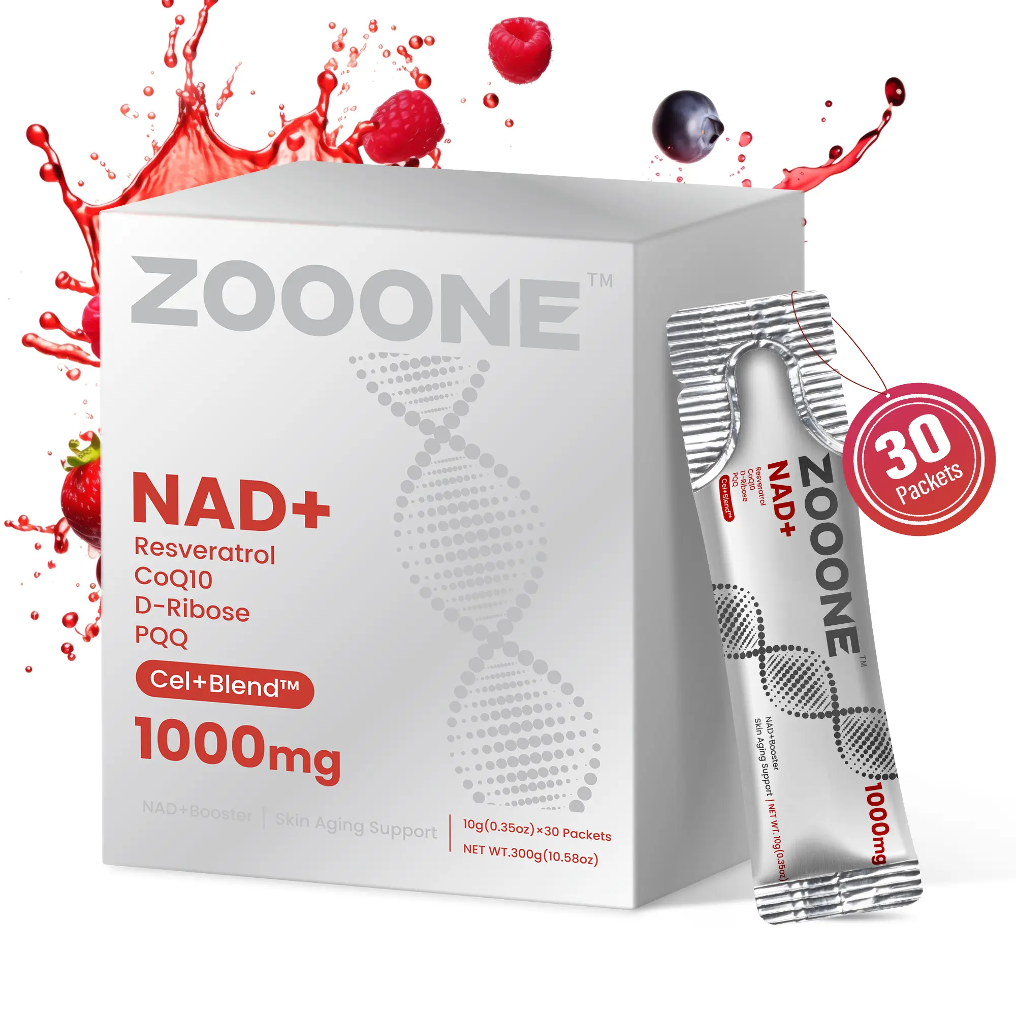 ZOOONE-1000mg NAD+ Berry Flavor Drink Mix for Skin Aging Support, Energy, and Fo...