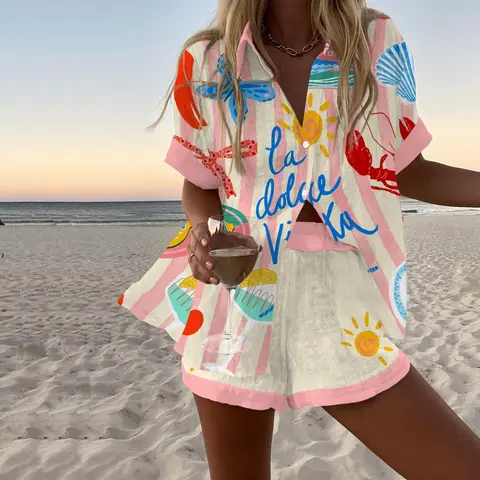 Women's Complete 2-Pc Casual Style Set - Short-Sleeve Top, Shorts, All Over Striped Cartoon Fish Print, French Elegance, Breathable Polyester, Lightweight Loose Fit, Minimalist Streetwear, Cold Wash