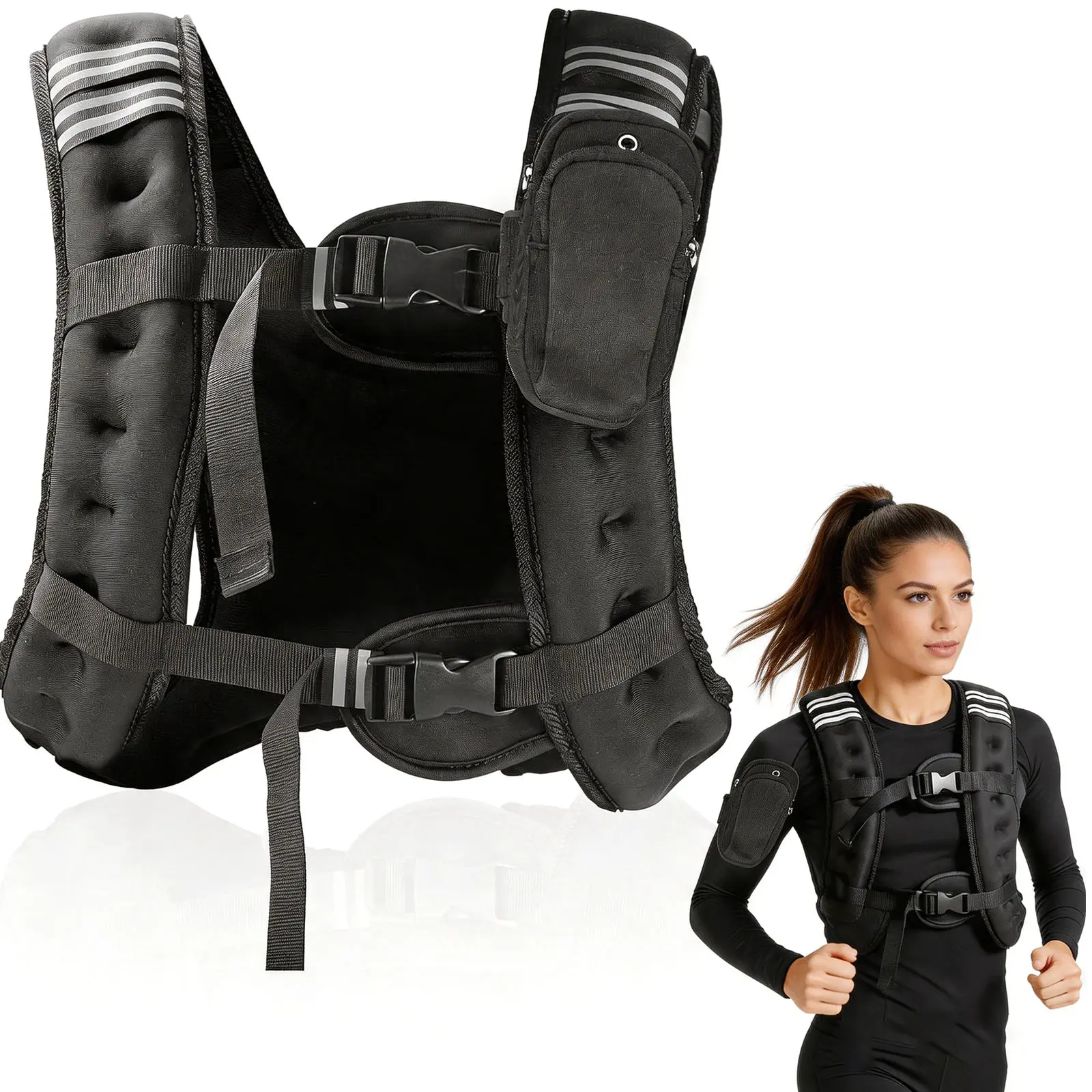 Weighted Vest, 12lb Weight Vest with Two Adjustment Straps for Men Women, Weight Vests with Reflective Stripe and phone bag for Strength Training, Running, Jogging, Walking