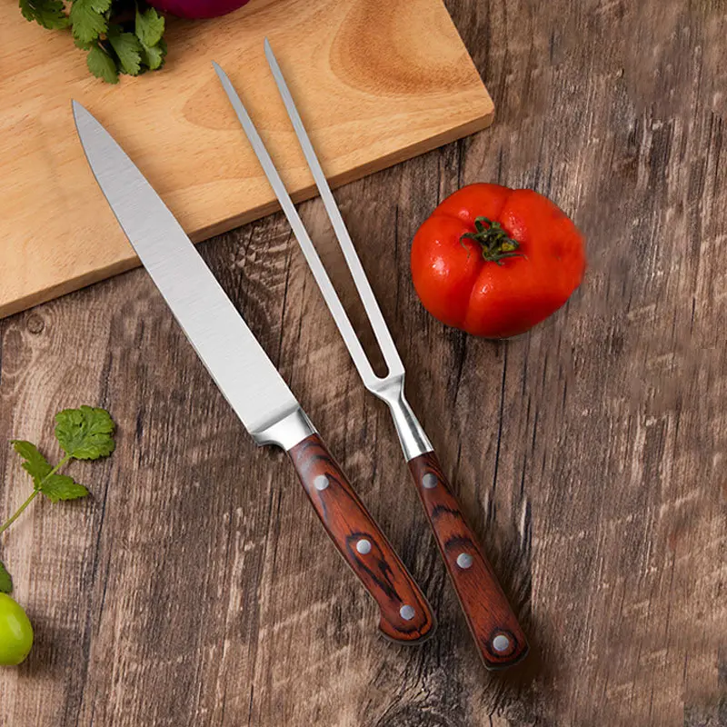 FINDKING 2-Piece Stainless Steel Premium Carving Knife and Fork Set with Wood Handle, Sharp Kitchen Cutlery for BBQ Meat, Turkey Roast, Chef Tool in Gift Box
