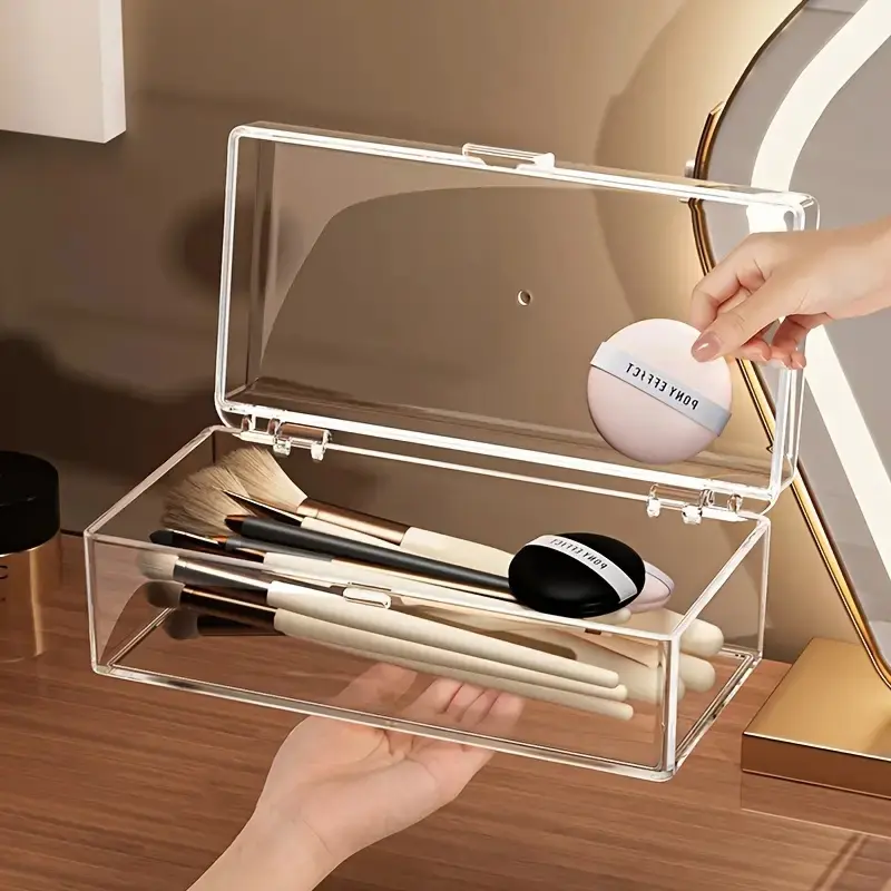 Transparent Acrylic Makeup Organizer Box with Brush Holder, Cosmetics Organizer Storage, Cosmetic Organizers, Dustproof Lightweight No Power Required Capacity Below 3.2 Cubic Feet, Clear Storage Box, Acrylic Storage Container