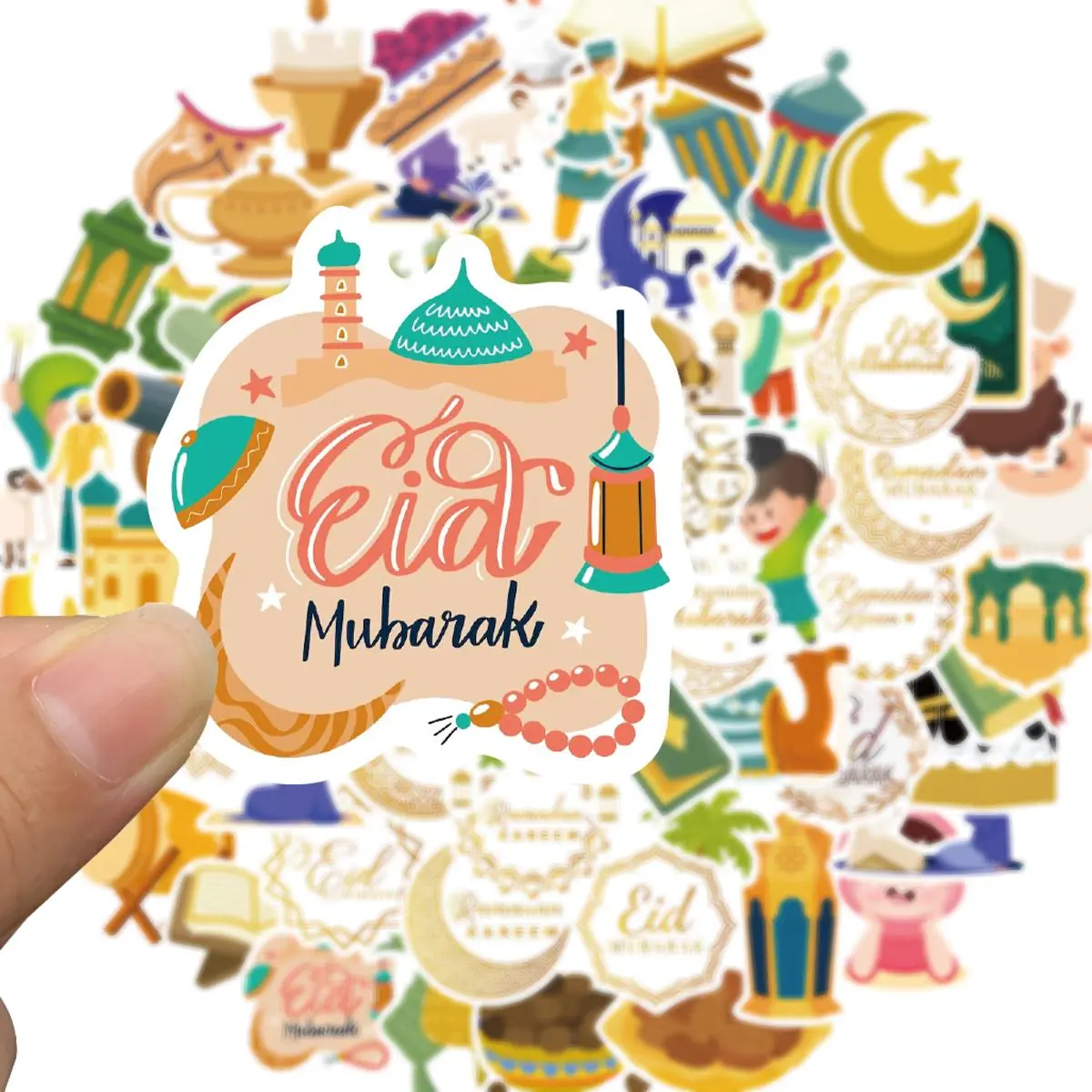 Eid Mubarak Sticker, 70pcs/set Islamic Sticker, Waterproof Sticker for Laptop, Bumper, Skateboard, Water Bottle, Cartoon Anime Sticker for Kids Teens Adult Holiday Stickers, Decoration Sticker