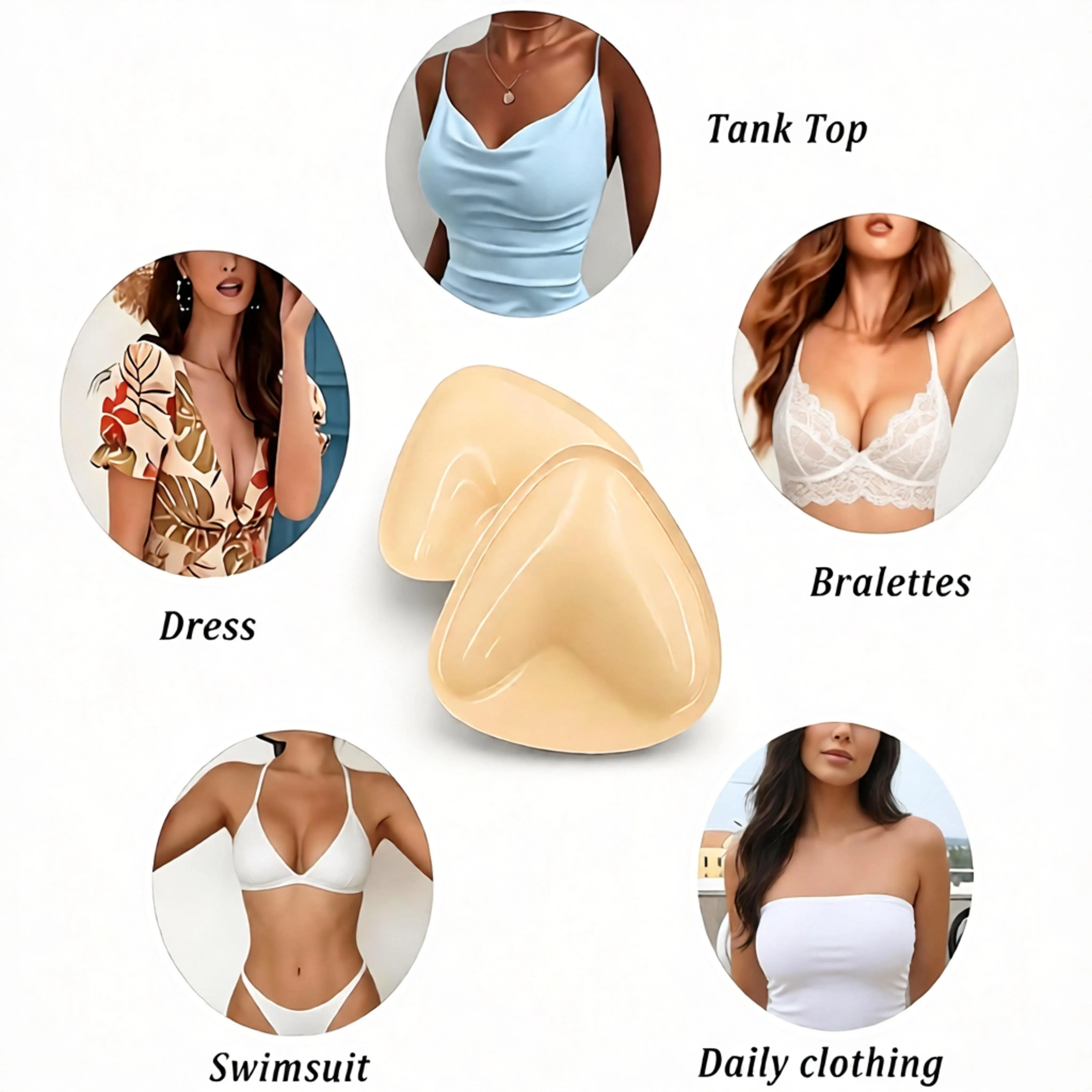Women's Triangle Shape Silicone Pads - 2 Pairs (4 Pads), Nude, Double-Sided Self-Adhesive Push-Up Lift, Soft Sponge Lining, Reusable Waterproof Invisible, Removable Bust Enhancer, Sweatproof Washable, for Bikinis & Daily Bras, Travel-Friendly, Accessories