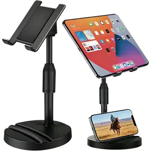 Adjustable Height Phone and Tablet Stand, Dual Device Holder with 360? Rotation, Sturdy Non-Sturdy Non-Slip Base with Card Slot for Livestream, Watching Videos, Work, Gaming
