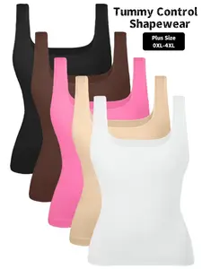 Plus Size Women's Seamless Striped Tummy Control Shapewear Vest, Square Neck Fitted Body Sculpting Compression Top, Slimming Body Shaper Crop Tank Top, Ladies Shapewear Underwear