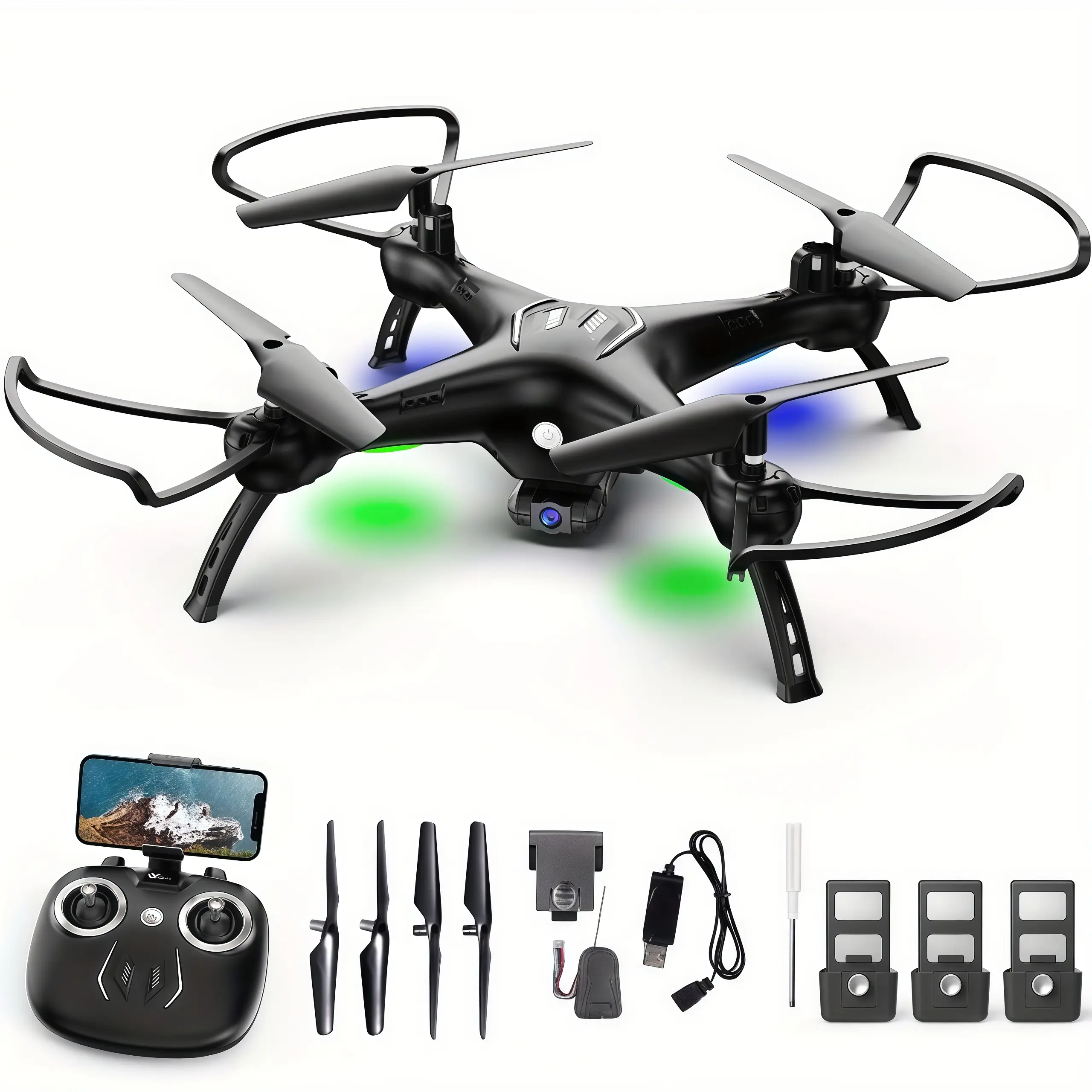 W10 RC Quadcopter Drone With 1080P WiFi Camera, Black Mini Foldable Drone, 3 Rechargeable Batteries Included, 360° Flip & Trajectory Flight Function, FPV Real‑Time Video Flying Toy For New Users