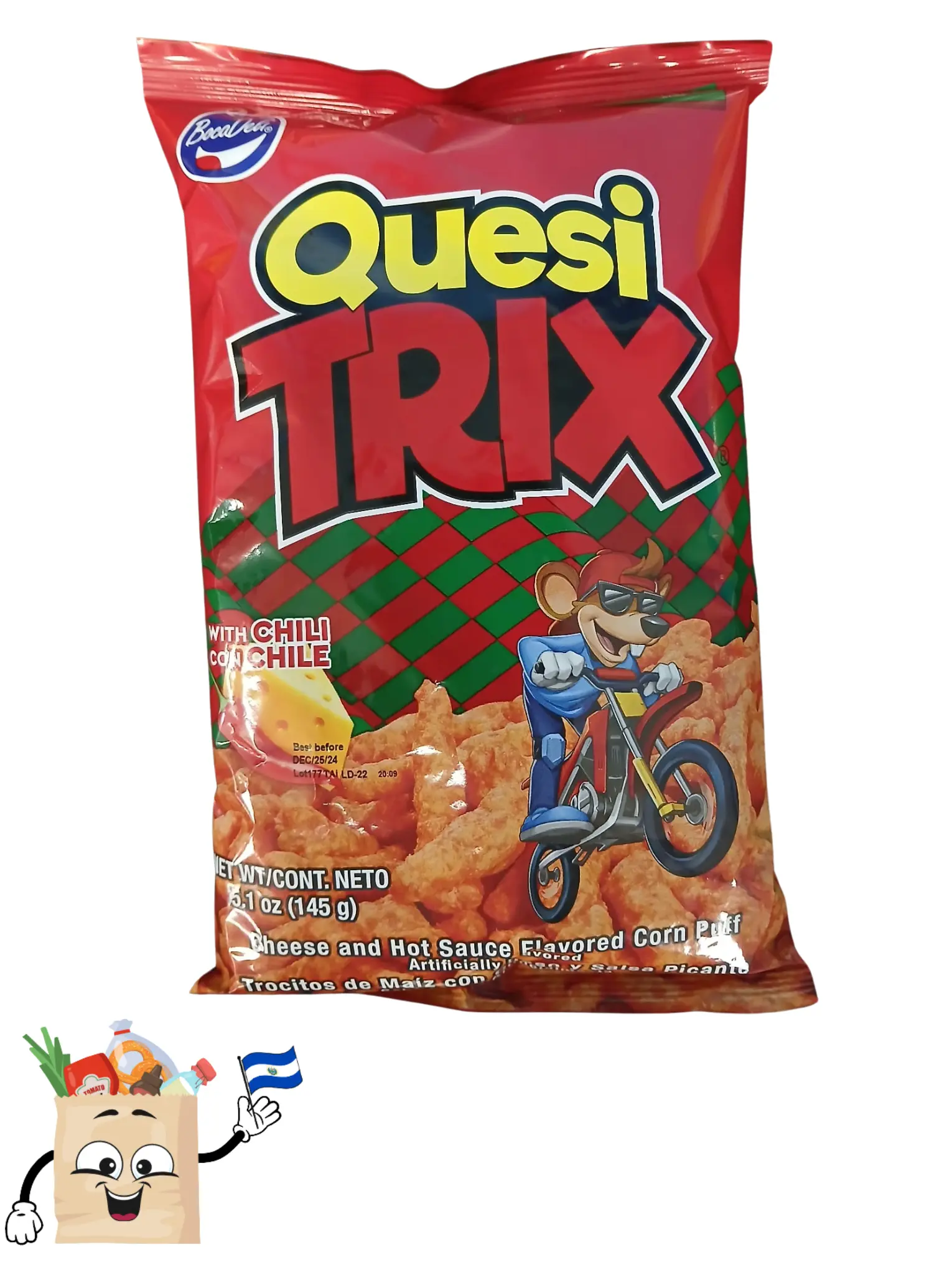 3 pack QuesiTRIX(WITH CHILI) 5.1 oz (145g) By Bocadeli Cheese and Hot Sauce Flavored Corn Puff Artificially flavored. Snack