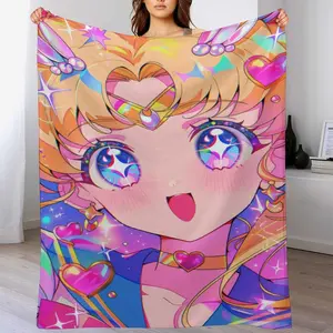 Moon Usagi Tsukino Anime Throw Blanket, Soft Flannel Kawaii Moon Blanket, Cozy Anime Decor for Couch Bed, Anime Lover Gift