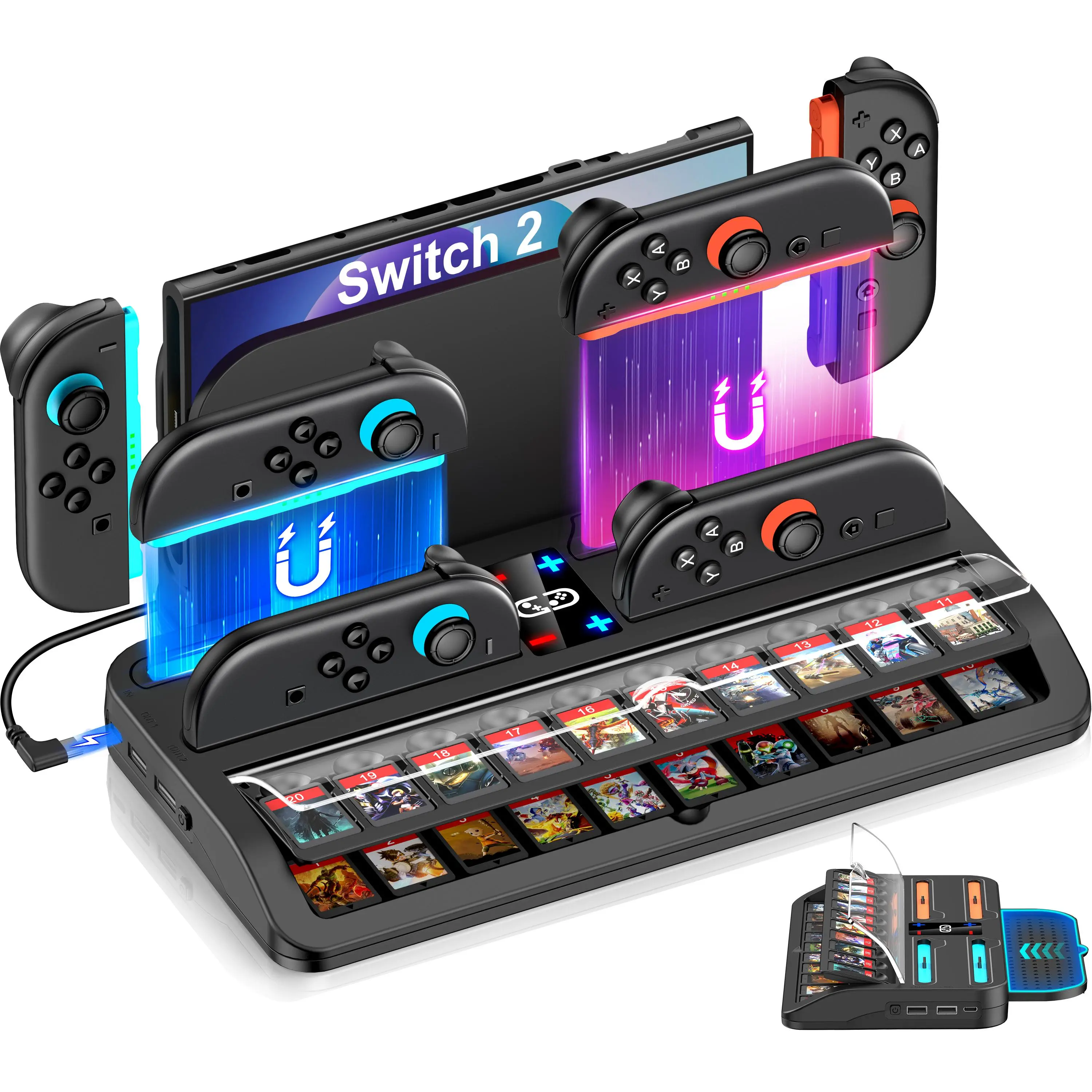 BEBONCOOL Compact All-in-1 Wired Charging & Storage Dock Stand for 2025 Release Nintendo Switch 2 - Console, Joycons Controllers Charger, 20 Game Card Slots, 1x USB-C Cable, Sliding Cover, LED Lights, 5V/2A Port, Dual Layer Mobile Protection Accessories