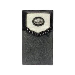 Retro Cowboy Full Grain Leather Wallets For Men Western Floral Emboss Prayer Concho Studded Cowhide Leather Checkbook Wallet With Multi Slots, Gift For Husband