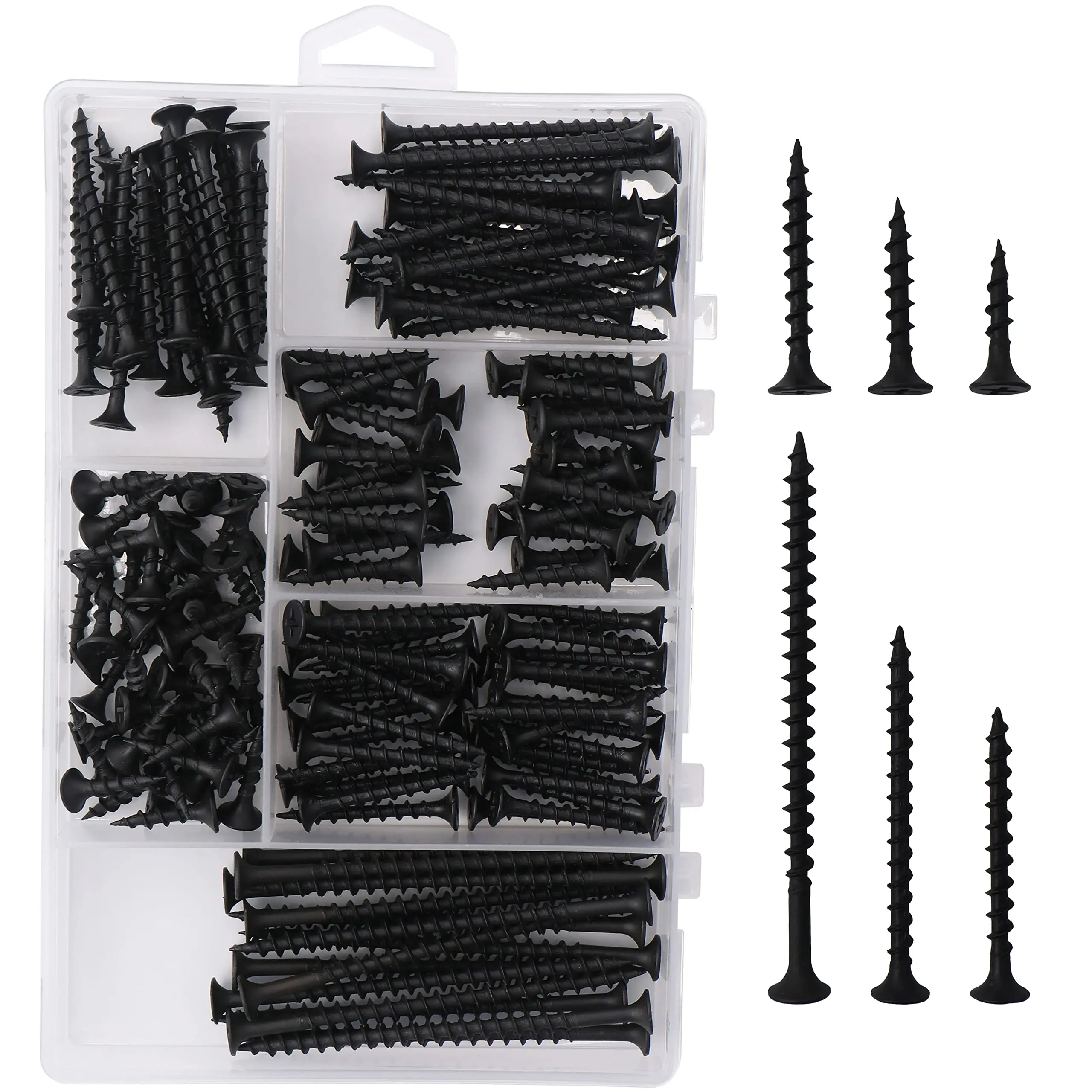 Carbon Steel Drywall Screws Assortment Kit (166 Pcs) - High Hardness, Coarse Heat-Treated Thread, Phillips Drive, Black, Self-Drilling, 6 Sizes (3in,2in,1-1/2in,1-1/4in,1in,3/4in) for Wide Use on Plank, Plastic