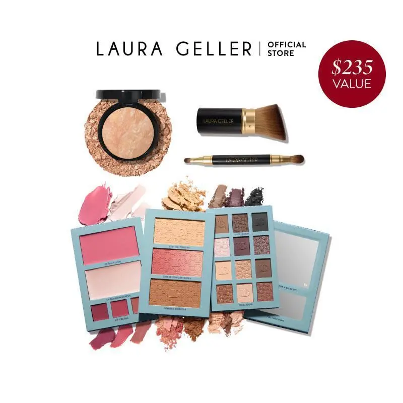 Laura Geller RSVP Yes! Full Face Kit (4 PC) - Includes Powder Foundation, Brushes, Eyeshadow, Bronzer, Blush, Highlighter, and More for Perfect Makeup Looks