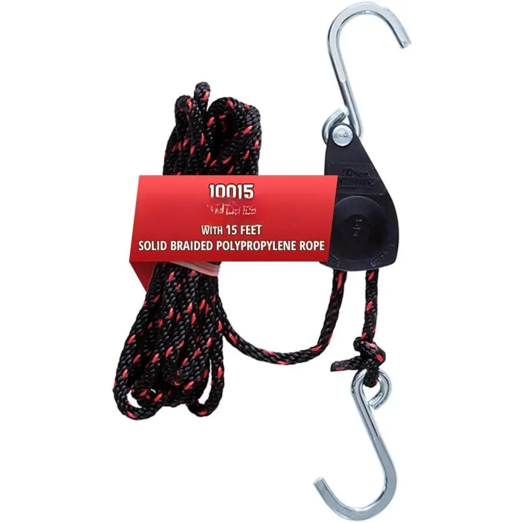 1/4" Adjustable Pulley System  150 lb Capacity Heavy-Duty 15' Braided Polypropylene , Locking  Hanger, Grow Lights, Tarp Tie Downs, Kayak Straps,  Pulleys, Tent Tie Downs