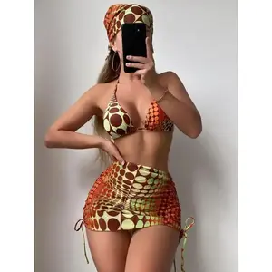 Women's 4 Piece Swimsuits Sexy Bikini Sets Triangle Bathing Suit with Mesh Cover Up Beach Skirt & Bandana