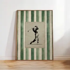 [SALE UP TO 40%] [Unframed] Vintage Golf Stamp Wall Art, Trendy Green Striped Printable Poster, Retro Golf Swing Room Decor, Aesthetic Golfer Gift Idea, Man Cave Print