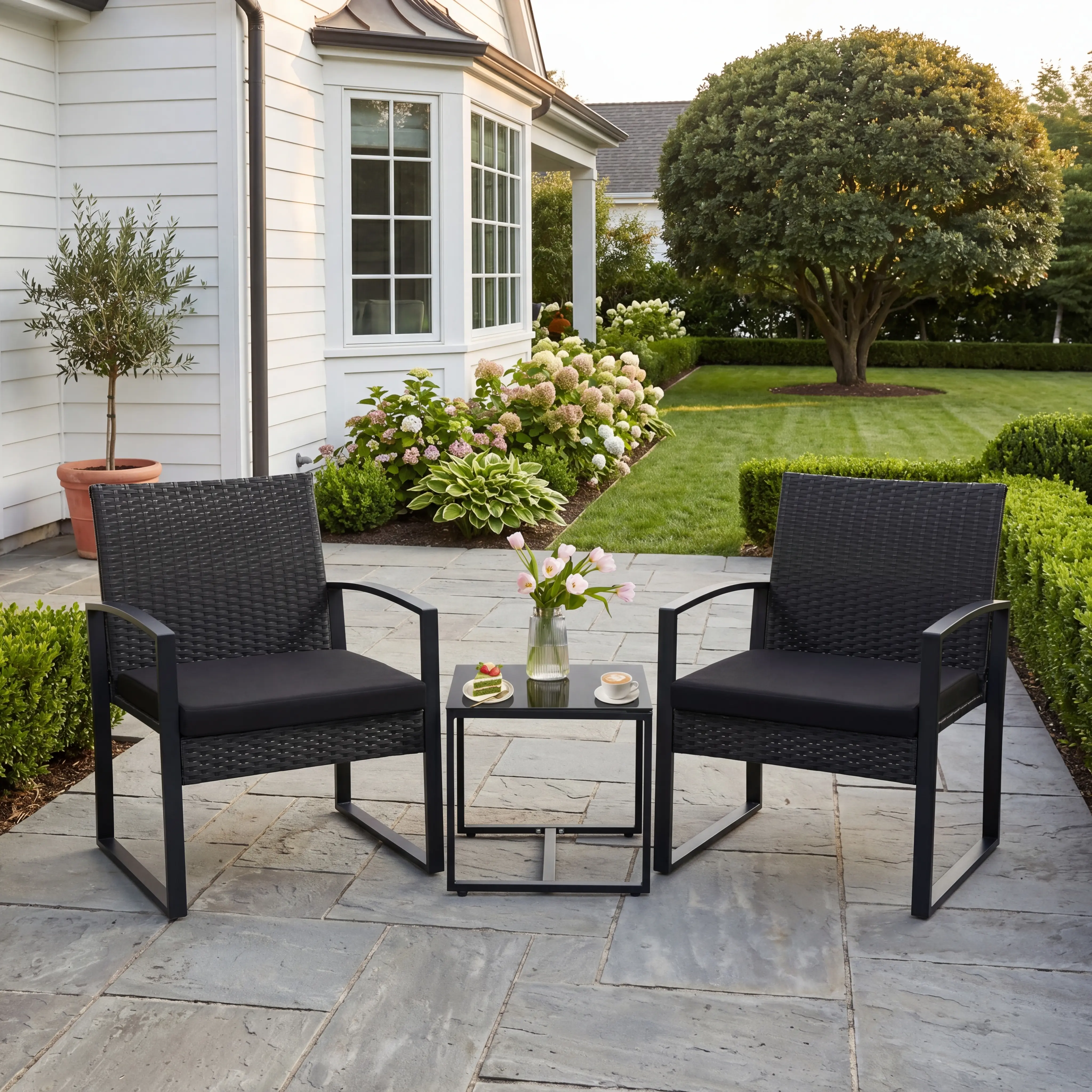 MURAGO 3-Piece Outdoor Furniture Set, Patio Bistro Set with Waterproof Wicker Chairs, Glass Table & Cushions for Garden, Balcony Clearance, Patio Furniture Set summergarden