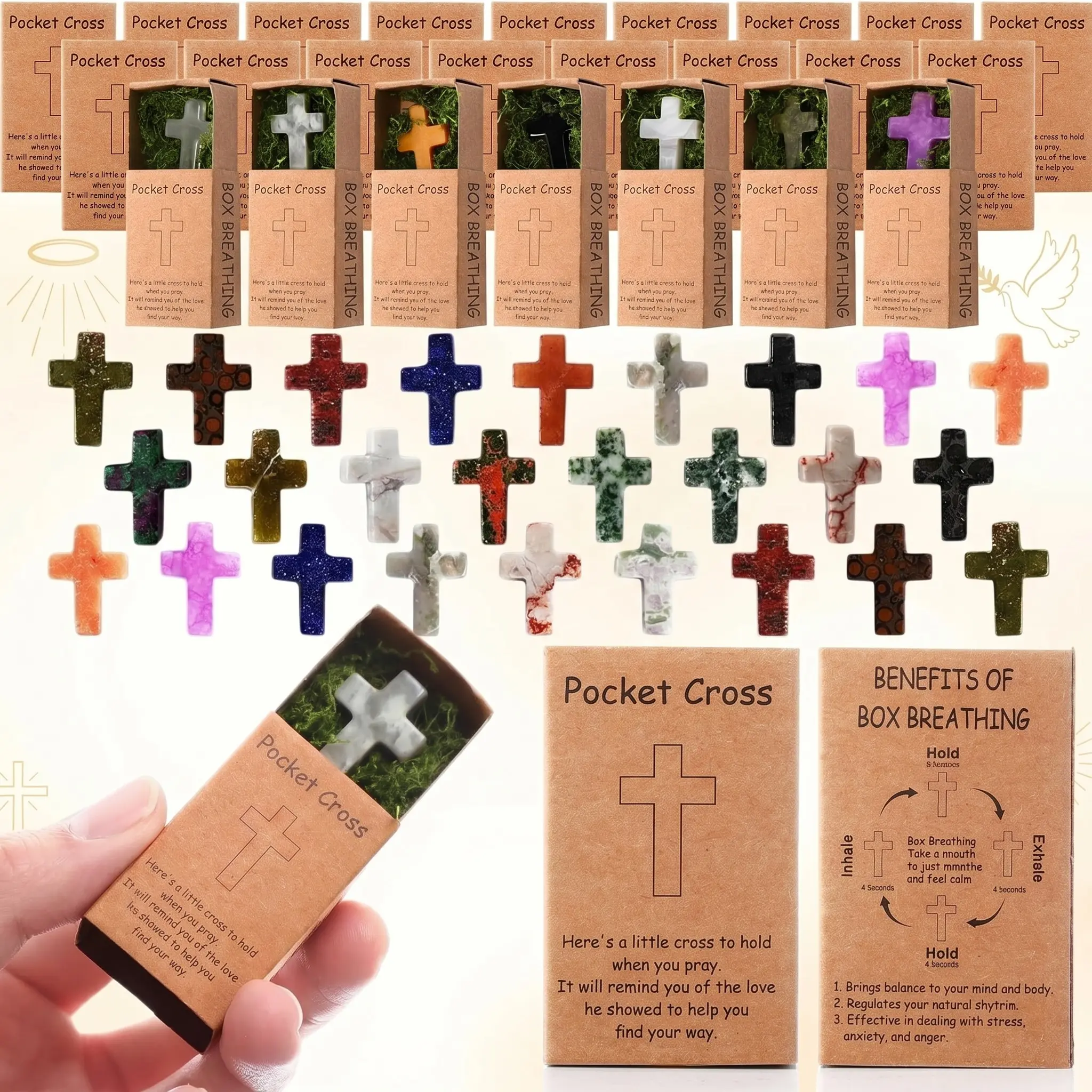 20/50 Sets Cross Crystal Stone Pocket Crystal Crosses for Christian Natural Crystal Cross with Boxes Mini Crystal Crosses Pocket Hug Token Pocket Prayer Boxes Religious Faith Gift for Women Men Church Sunday School Baptism