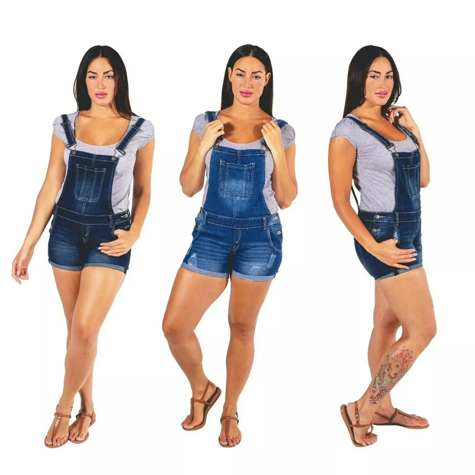 Women’s Denim Short Pinafore Jumpsuit - Stretch Ripped Dungaree Overalls with Pockets & Adjustable Straps - Summer Casual Style