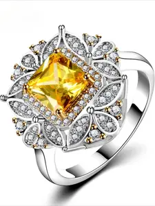 Luxury Square Created Citrine Rings For Women Genuine Silver Color Jewelry With AAAAA Zircon Wedding Engagement Ring Gifts