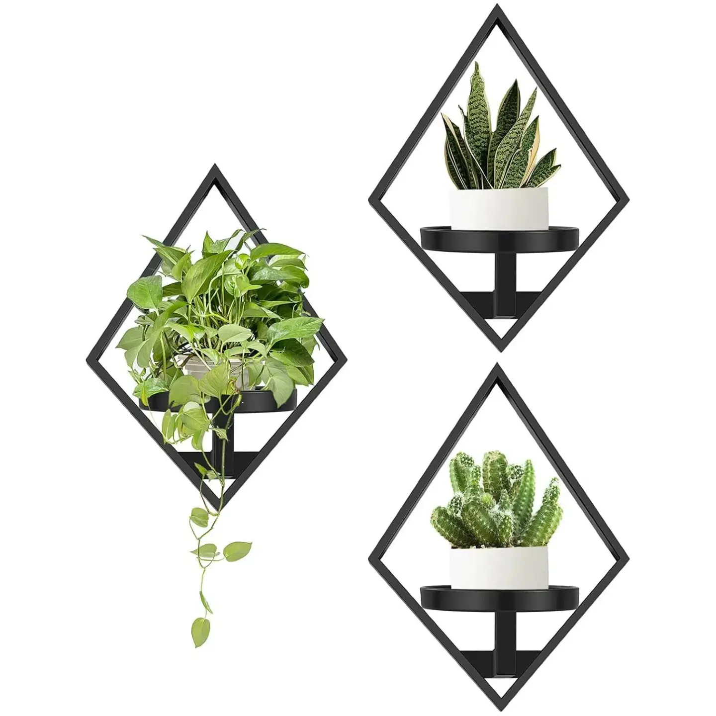 3-Pack Metal Wall-Mounted Floating Plant Hangers - Corrosion-Resistant, Space-Saving Shelves with Geometric Design for Indoor Window Sill Display, Home Decor Gift for Bedroom, Photo-Ready Wall Rack