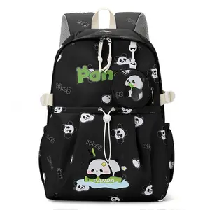 Panda-Themed Black Backpack Cartoon-Style Cute Student Bag Waterproof Durable Large Capacity with Multiple Pockets