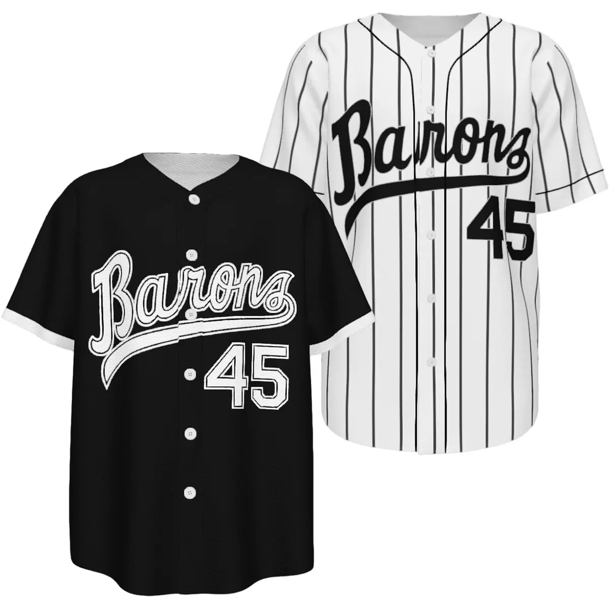 Birmingham Barons #45 Men's Printed Button-Down Baseball Jersey, Plus Size Clothes (XS-5XL), Bold Graphics, Breathable Lightweight Mesh Athletic Shirt, Black White, Casual Streetwear Fan Gift, Plus Size Fashion, Casual Wear, Short Sleeve, Unisex Fit, Mesh