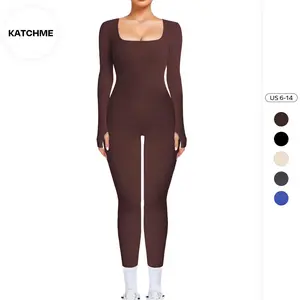 KatchMe Workout Solid Color U Neck Seamless Long Sleeve Yoga Jumpsuit, Jumpsuit for Daily Outdoor Wear, Athletic Plain Thumb Holes Sportswear