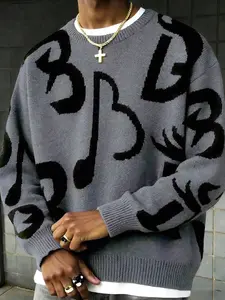 Men's Casual Round Neck Pullover Sweater, Lightweight Knit Top, Random Pattern Design, Fitted Long Sleeve, Fall & Winter Wear, Knitwear Sweater