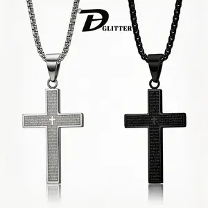 Vintage Cross Pendant Necklace 3D Sculpting Bible Verse Mens Cross Steel Necklace Stamp Cross Necklace Unisex Fade-Resistant Personalized Hip-Hop Faith Jewelry For Men Women Jesus Crucifix Pendant Jesus Bless You