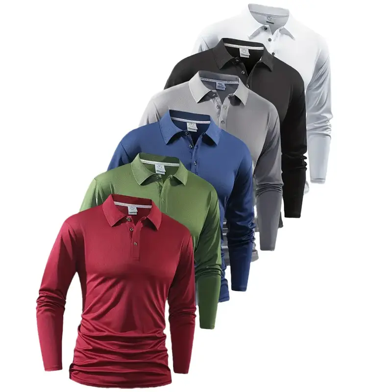 Men's 6-Piece Fitted Polo Shirts - Basic Plain Long Sleeve Tops with Turn-Down Collar, Button Closure for Casual Work, Casual Sports, Six-Pieces