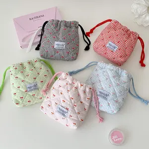 Girls Cartoon Drawstring Makeup Bag, Cute Cherry Storage Pouch, Student Portable Travel Wash Bag, School Essentials Organizer, Handheld Cosmetic Pouch