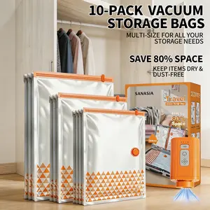 SANASIA Vacuum Compressed Storage Bags with Wireless Electric Pump, 10-Pack 3-Size PE Zipper Travel Organizer Bags, Portable Space-Savers for Suitcases & Home Organization, Compressed Bags