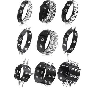 9Pcs Spiked Studded Bracelet Emo Punk Leather Rivet Bangle Y2k Goth Adjustable Cuff Wrap Wristband for Rock Concert Wristband Men Women (Classic Style) Men's Accessories