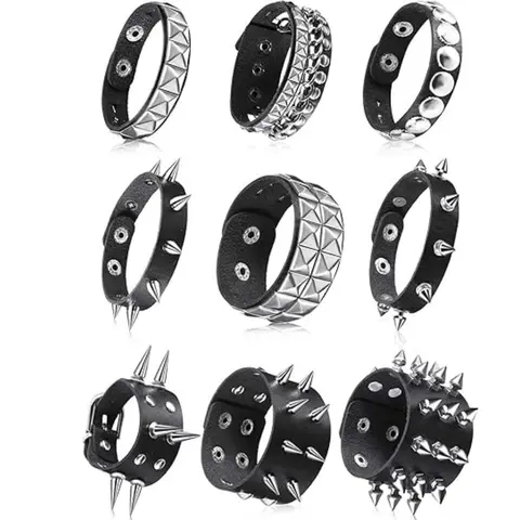9Pcs Spiked Studded Bracelet Emo Punk Leather Rivet Bangle Y2k Goth Adjustable Cuff Wrap Wristband for Rock Concert Wristband Men Women (Classic Style) Men's Accessories