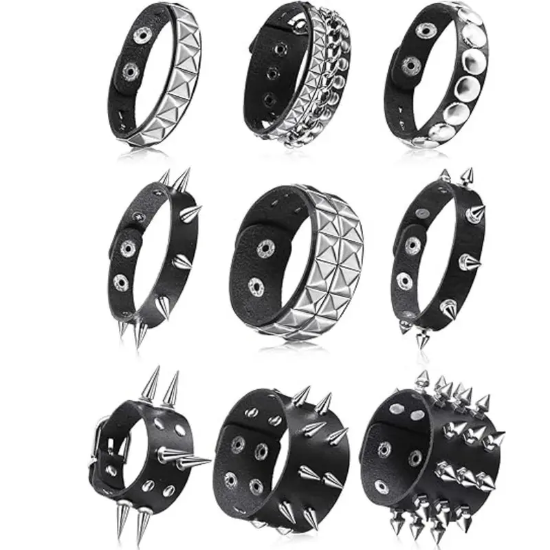9Pcs Spiked Studded Bracelet Emo Punk Leather Rivet Bangle Y2k Goth Adjustable Cuff Wrap Wristband for Rock Concert Wristband Men Women (Classic Style) Men's Accessories
