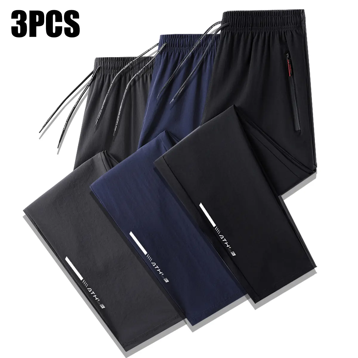 3PCS men’s running pants with zippered pockets and lightweight fabric; suitable for workouts and sports activities; drawstring waist design; ideal for spring, summer, and autumn; summer slim-fit athletic wear made from spandex, suitable for the gym.